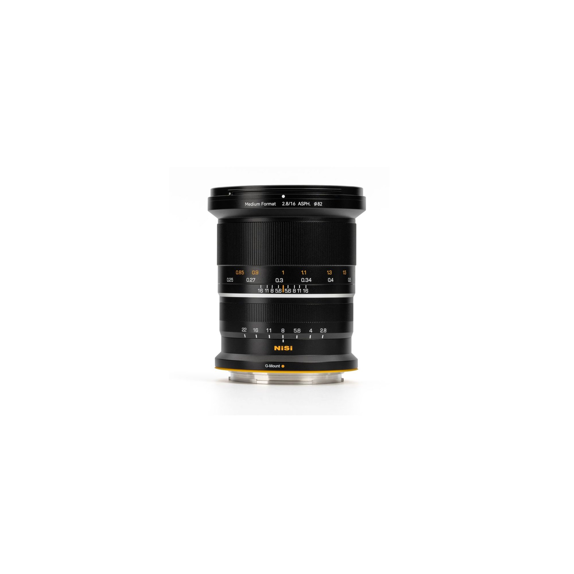 NiSi 16mm F2.8 ASPH G-Mount Weitwinkelobjektiv für Mittelformat in Vorderansicht auf weißem Hintergrund.