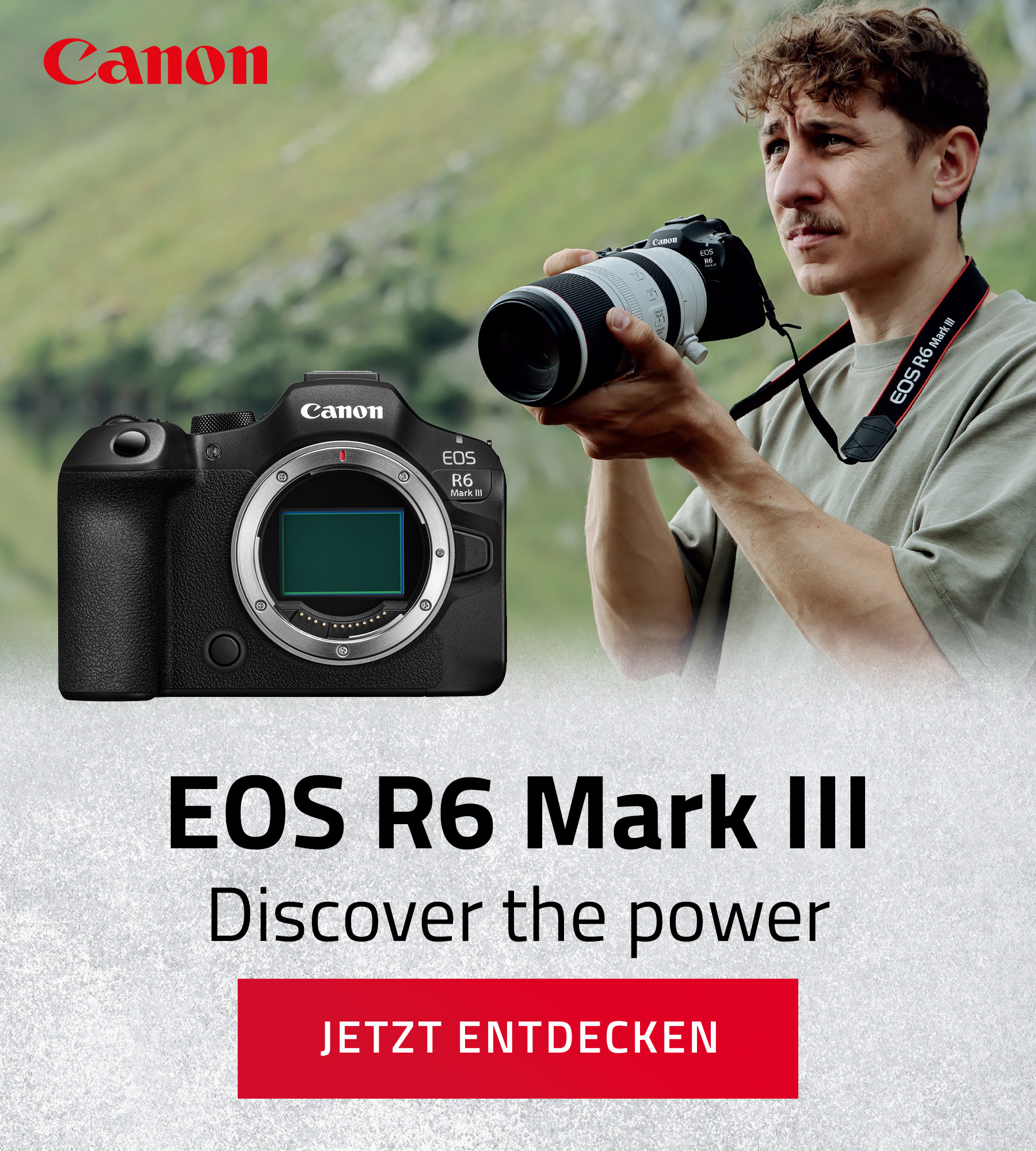 Canon EOS R6 Mark III Mainbanner mit spiegelloser Vollformatkamera und Fotograf im Outdoor-Einsatz