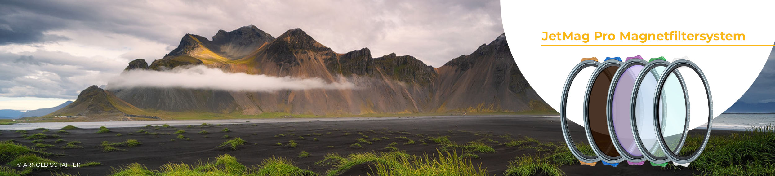 NiSi JetMag Pro Magnetfiltersystem: fünf magnetische Rundfilter vor Berglandschaft am Vestrahorn in Island