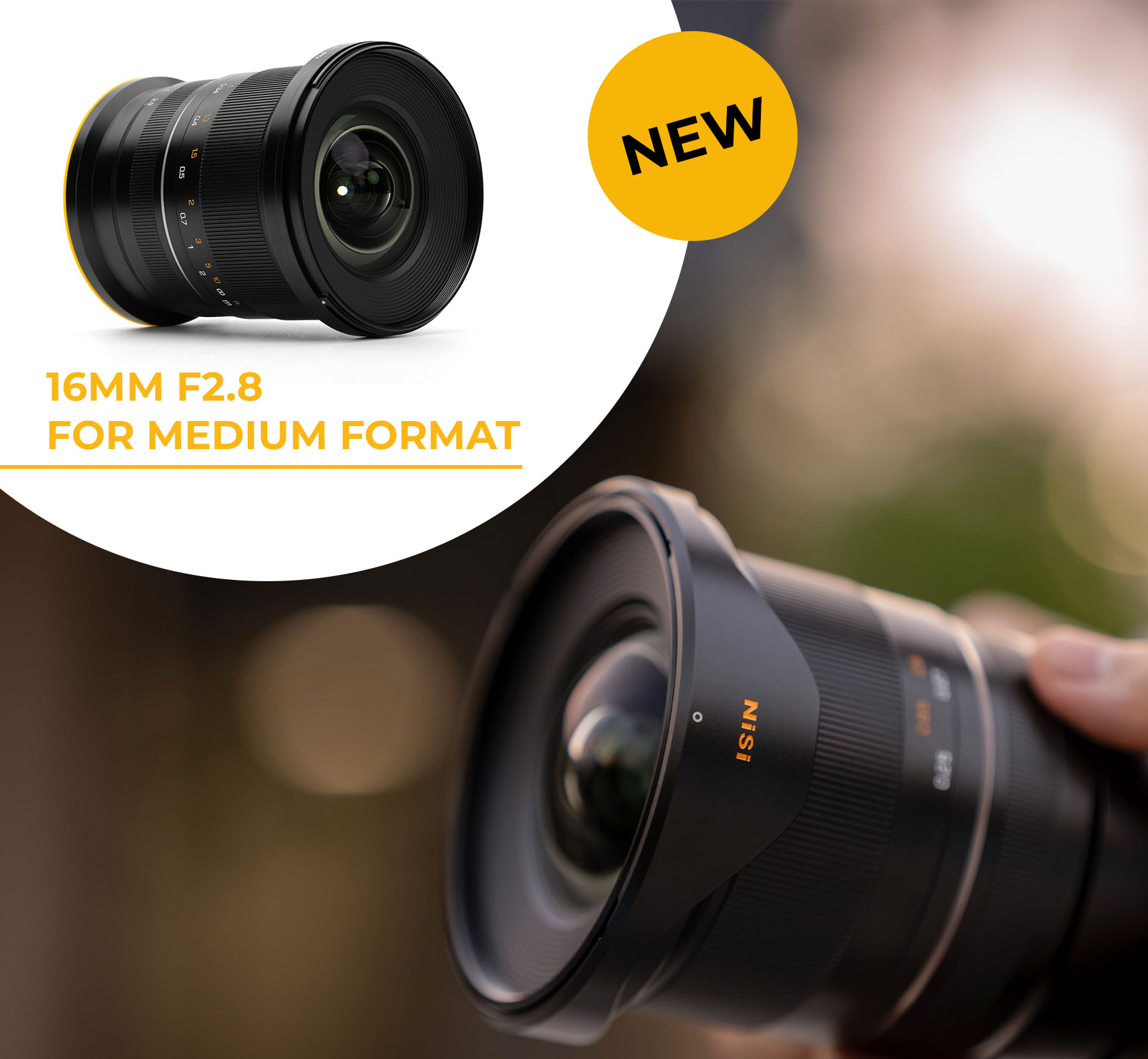 New: NiSi 16mm F2.8 wide-angle lens for medium format, product shot and lens on a camera held in hand