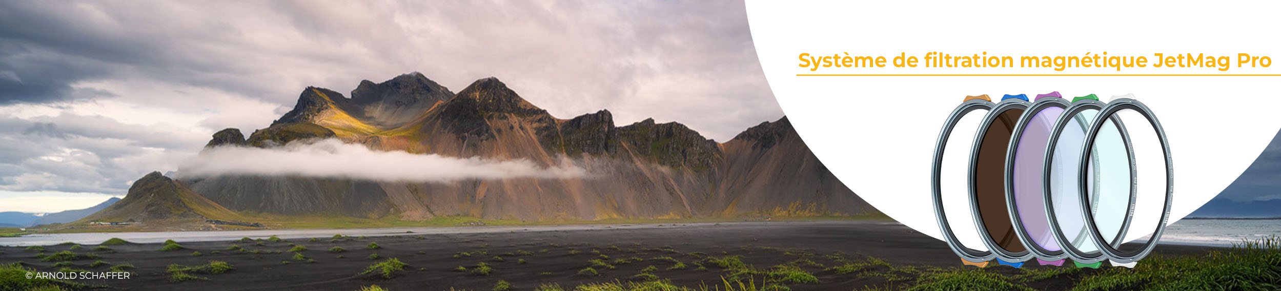 Système de filtration magnétique NiSi JetMag Pro : cinq filtres ronds magnétiques devant le Vestrahorn en Islande