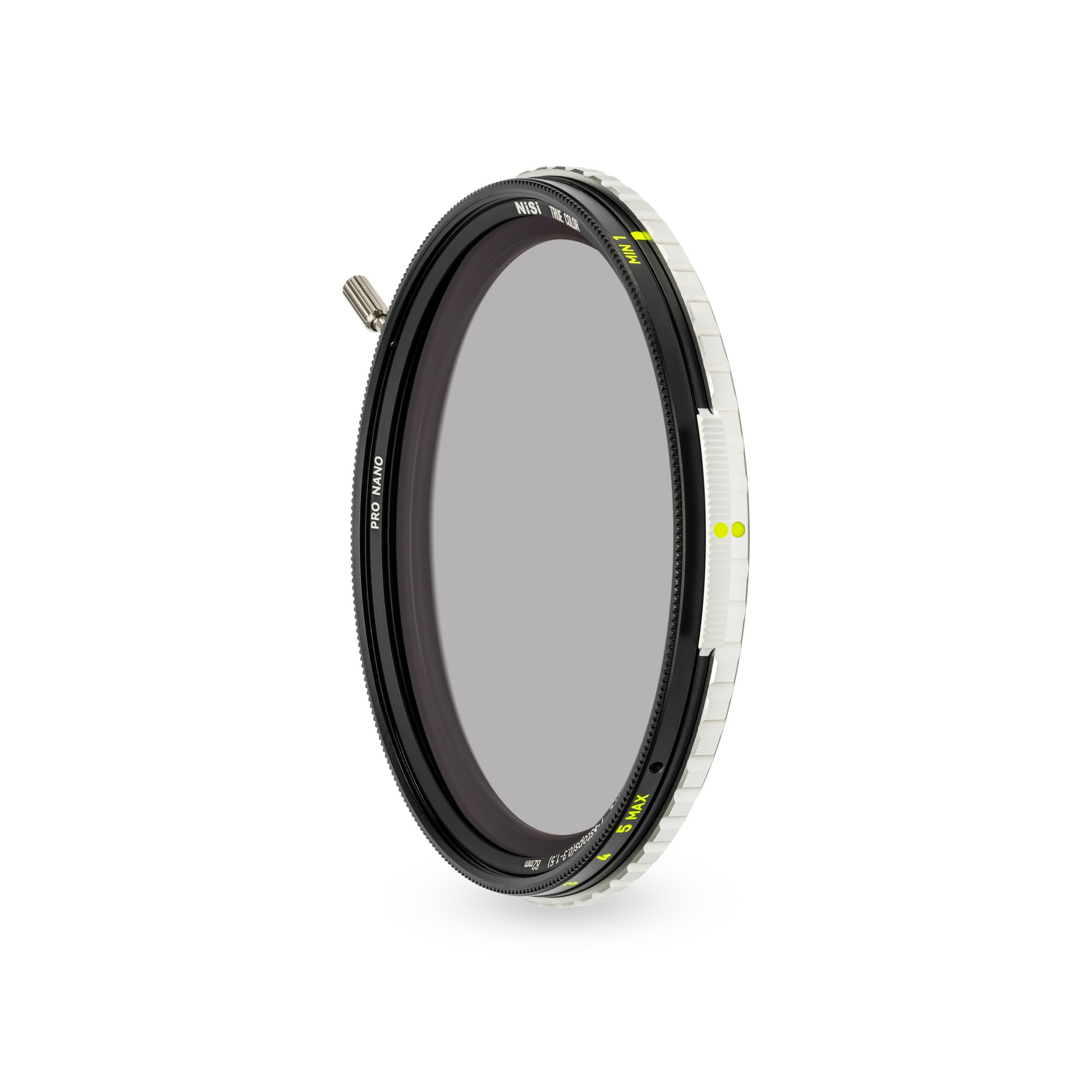 NiSi True Color VND/PL 1–5 Stops – schräge Seitenansicht mit Filterglas, Skala und Einstellring