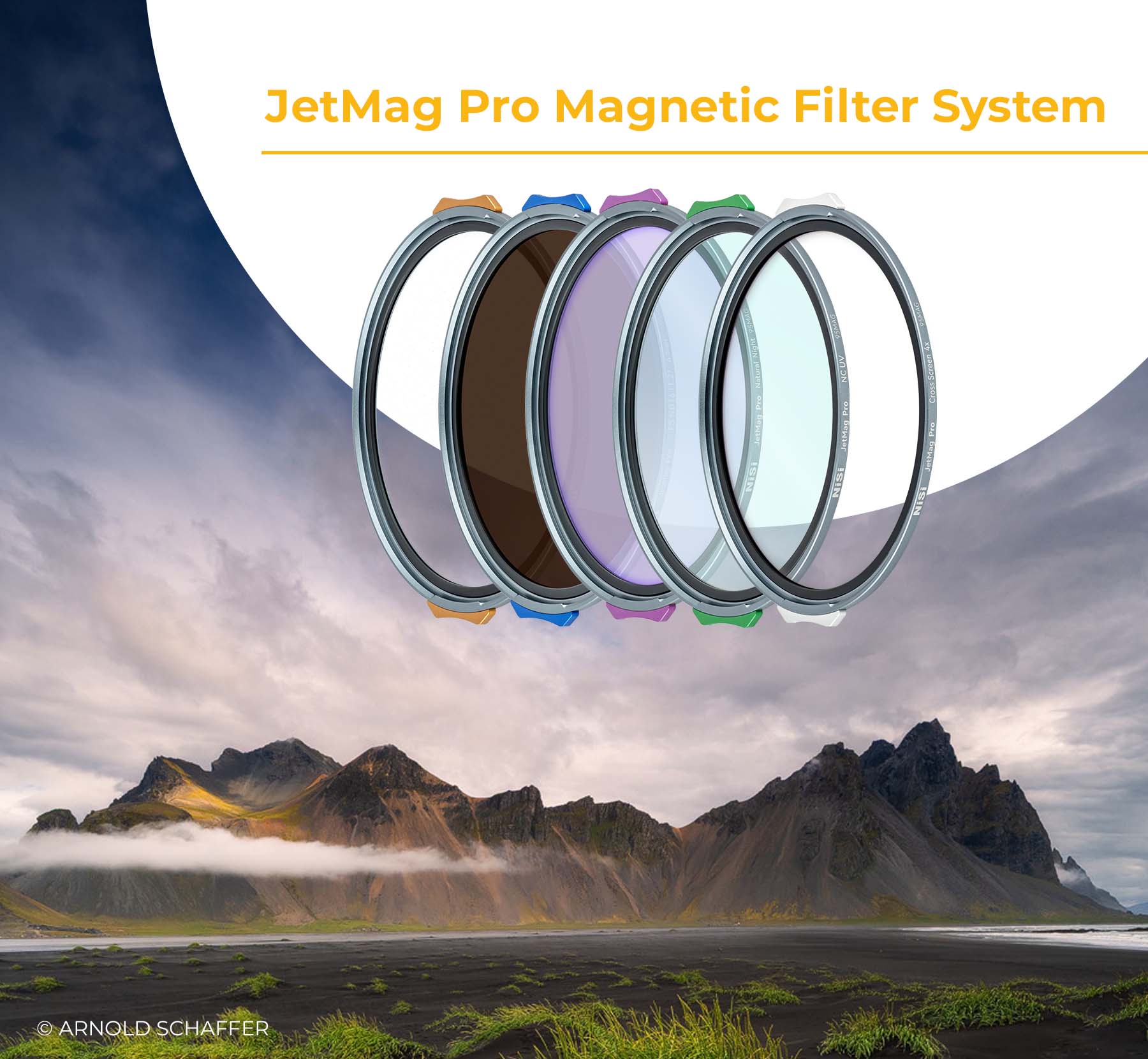 NiSi JetMag Pro Magnetic Filter System: five magnetic circular filters in front of Vestrahorn mountain in Iceland