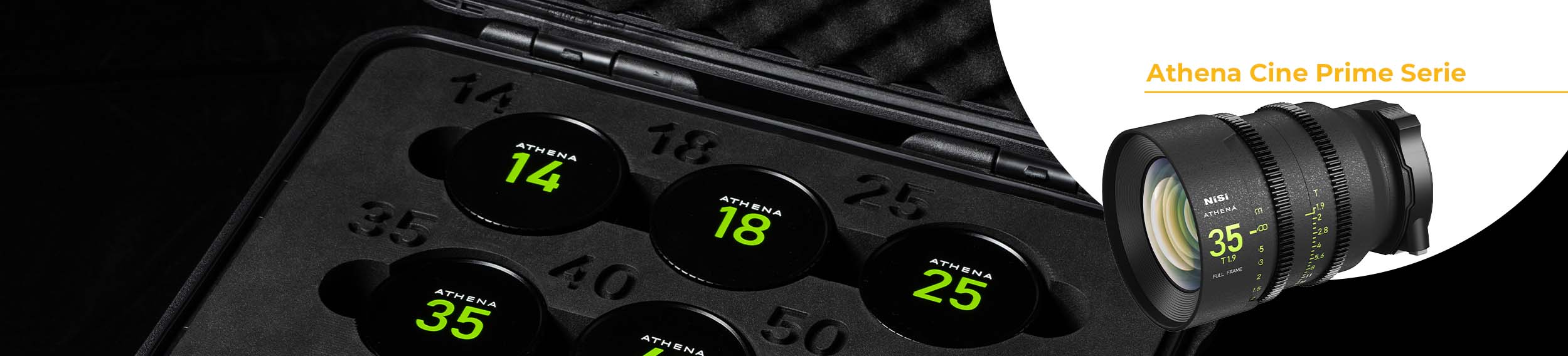 NiSi Athena Cine Prime Serie: Cine-Objektiv 35mm T1.9 vor dem Koffer mit Athena Festbrennweiten