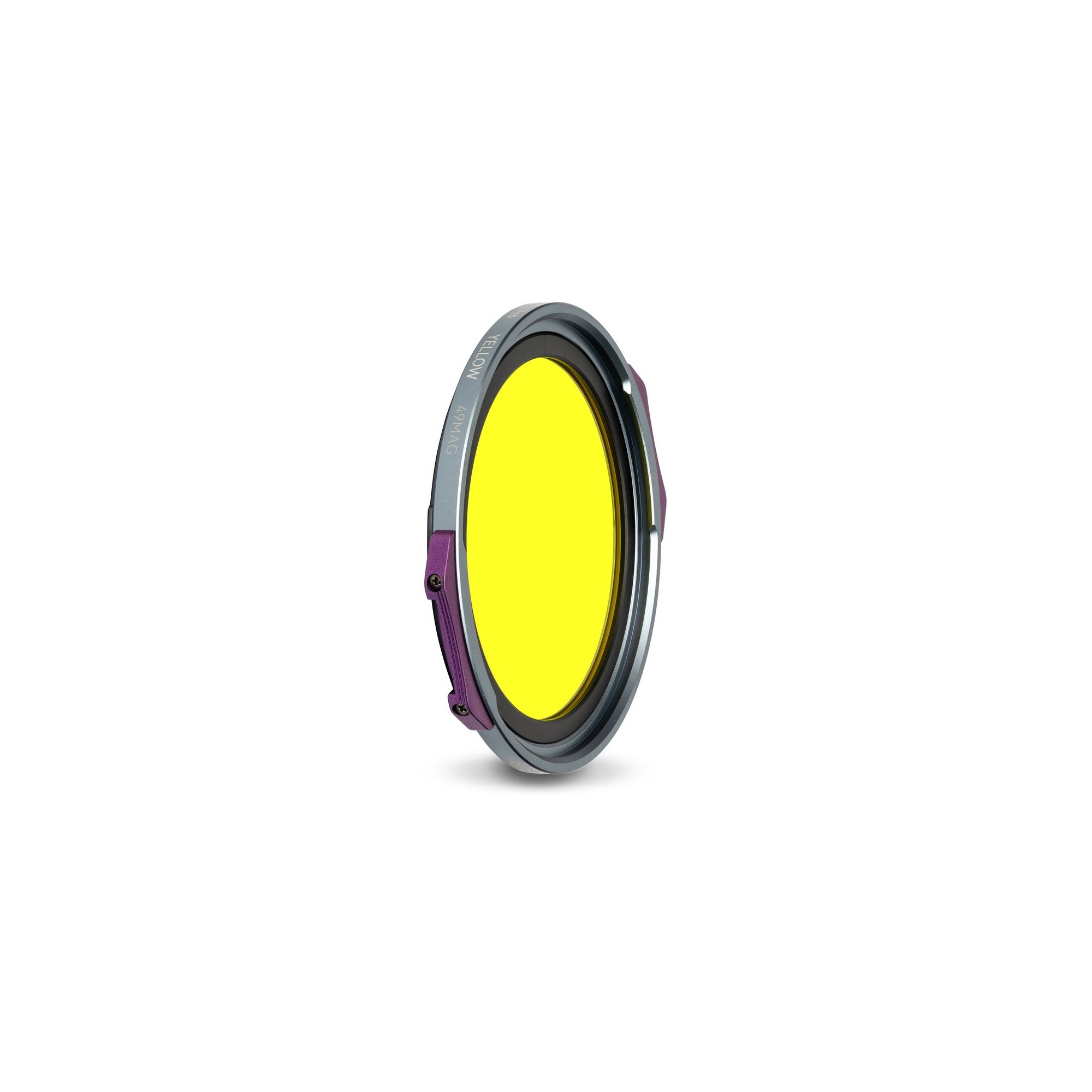 NiSi JetMag Pro Yellow 49MAG Filter in Seitenansicht mit farbcodierten Griffen und Magnetfassung.