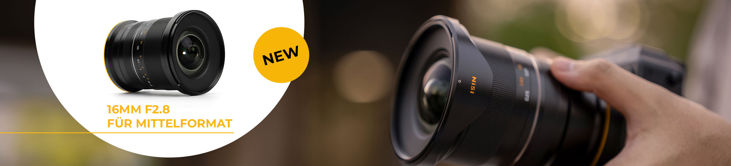 New: NiSi 16mm F2.8 wide-angle lens for medium format, product shot and lens on a camera held in hand