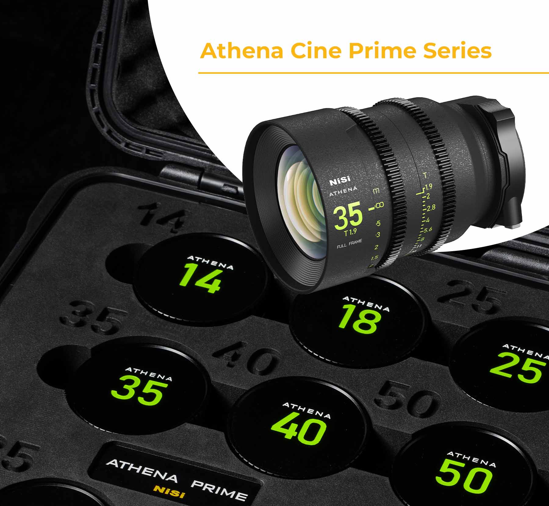NiSi Athena Cine Prime Series: 35mm T1.9 cine lens in front of a case with Athena prime lenses