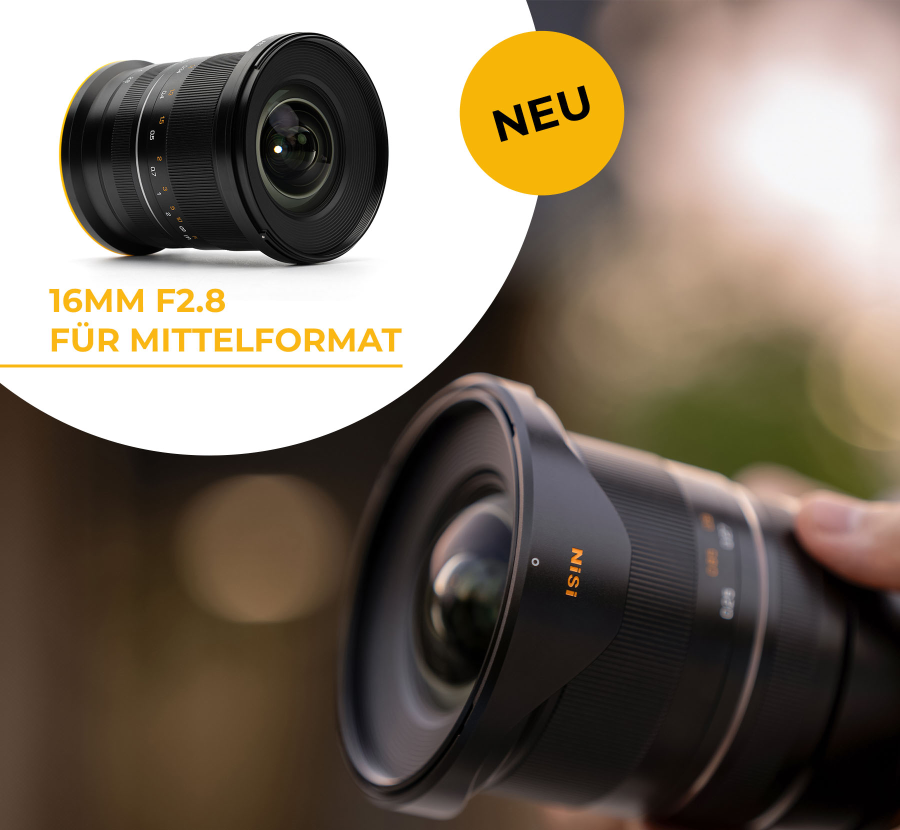 Neu: NiSi 16mm F2.8 Weitwinkelobjektiv für Mittelformat, Produktbild und Objektiv an der Kamera in der Hand