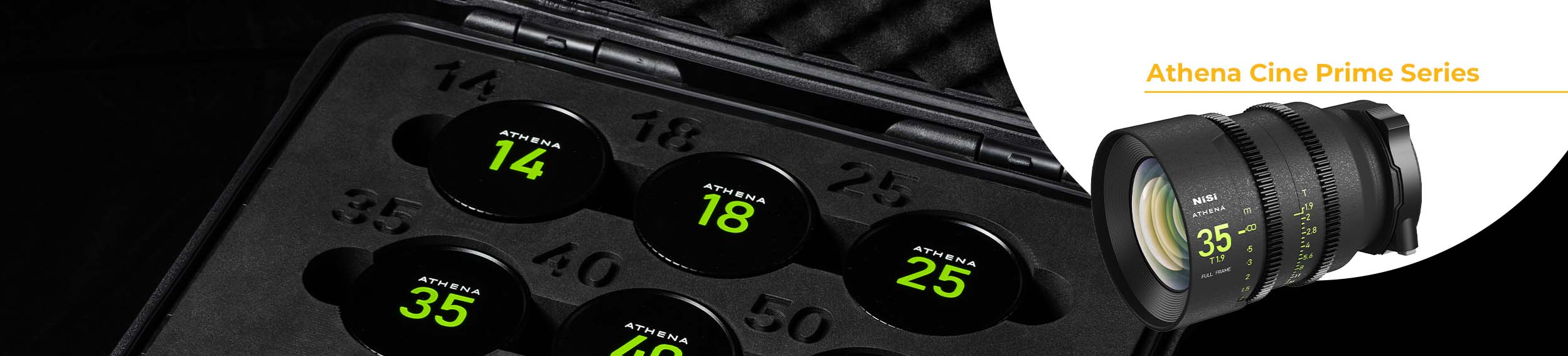 NiSi Athena Cine Prime Series: 35mm T1.9 cine lens in front of a case with Athena prime lenses