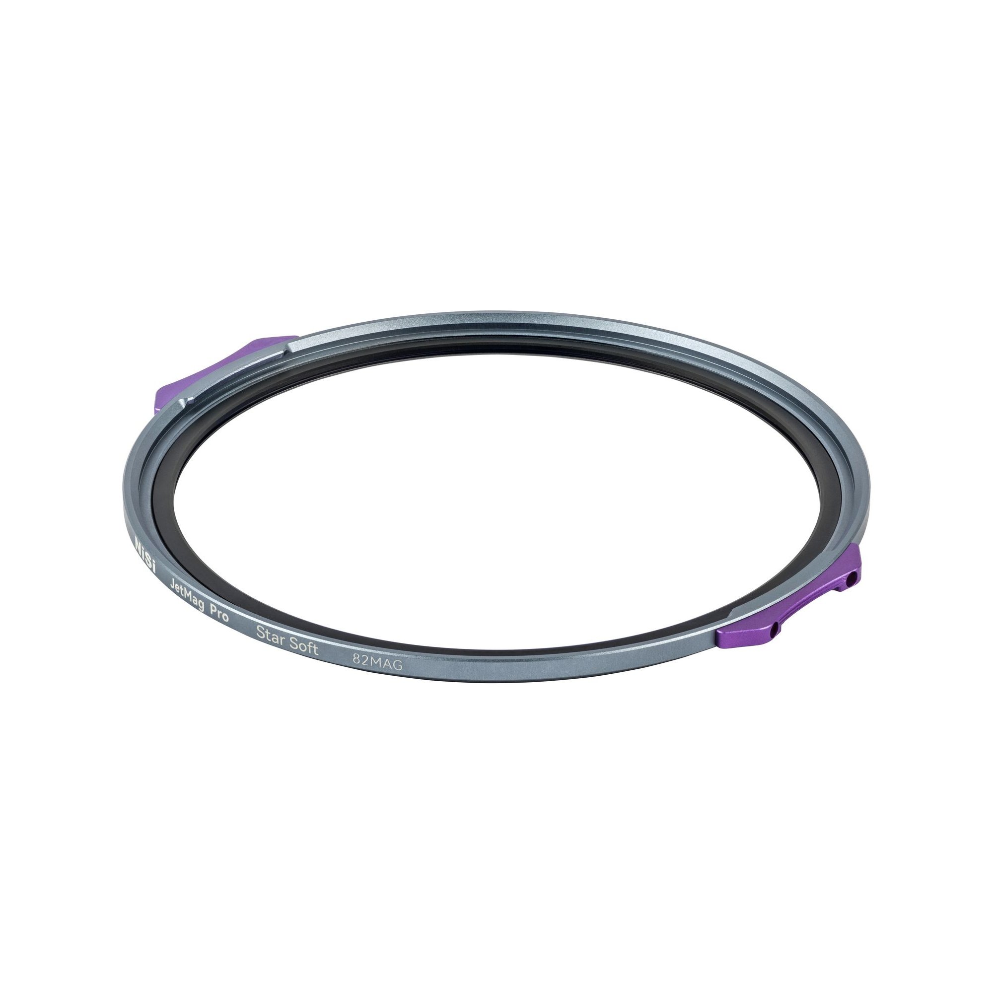 NiSi JetMag Pro Star Soft (82MAG) Magnetfilter in Vorderansicht mit grauem Filterring und violetten Haltern.