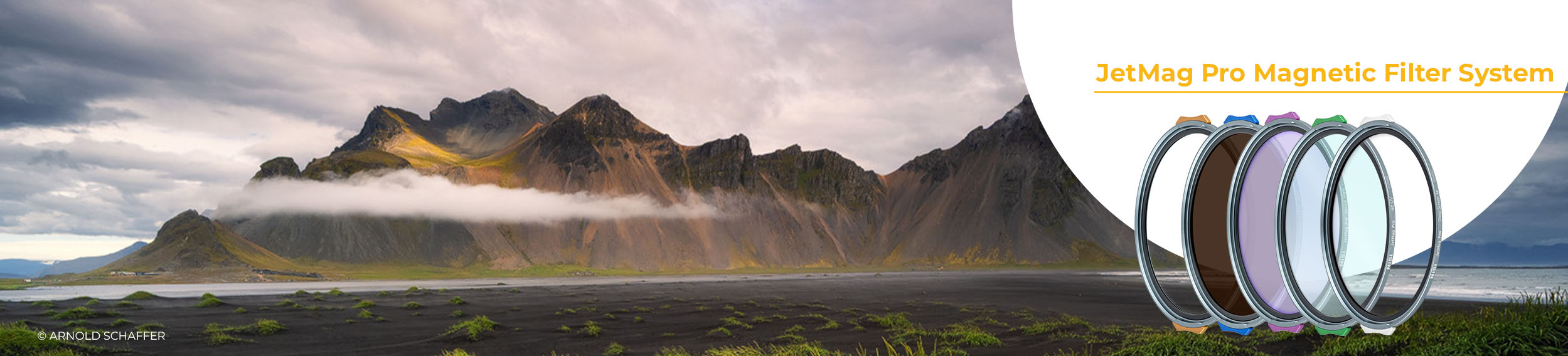 NiSi JetMag Pro Magnetic Filter System: five magnetic circular filters in front of Vestrahorn mountain in Iceland