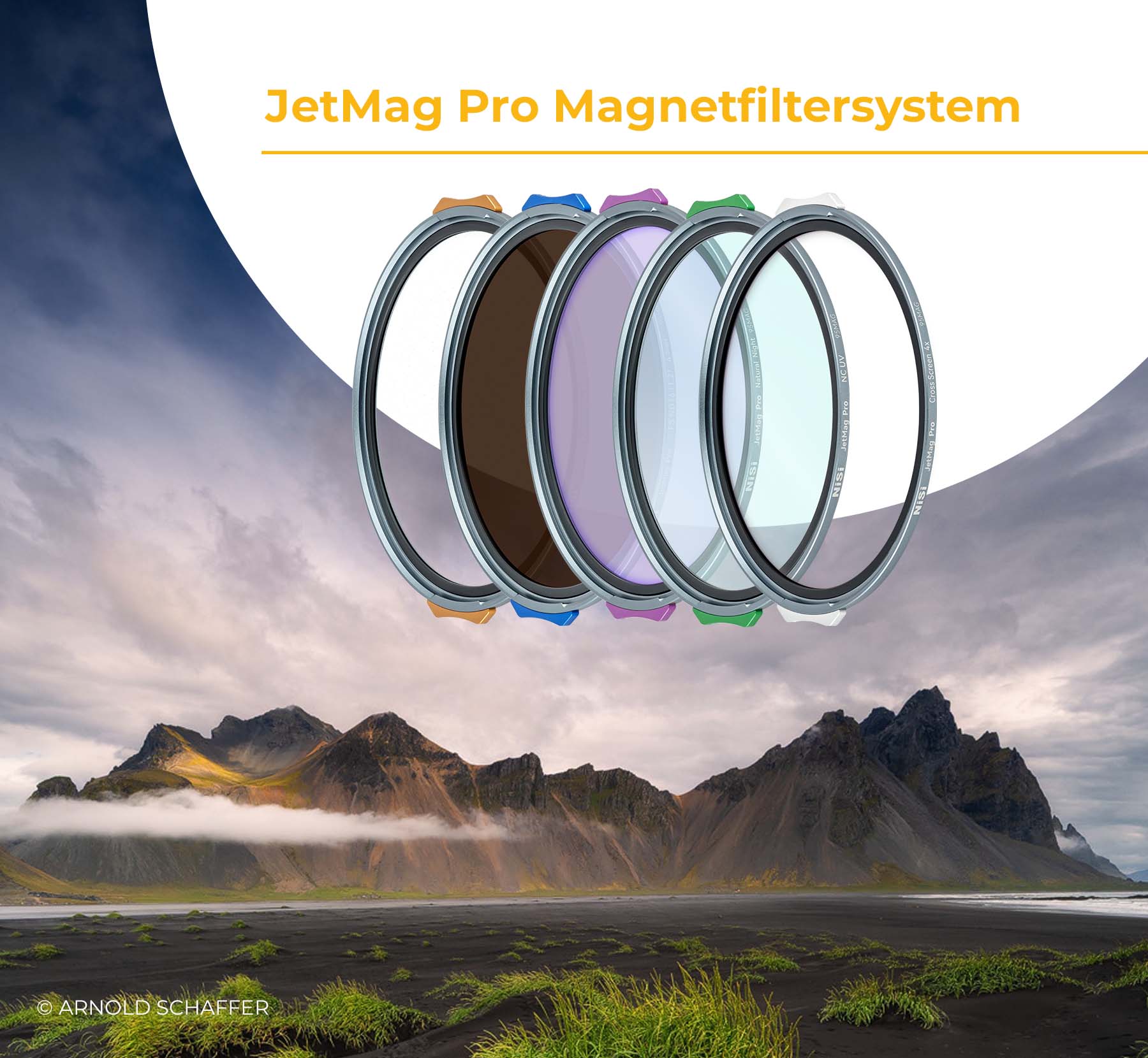 NiSi JetMag Pro Magnetfiltersystem: fünf magnetische Rundfilter über Berglandschaft am Vestrahorn in Island