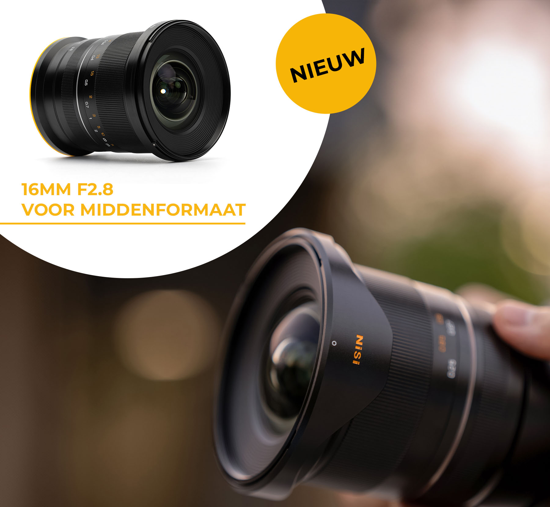 Nieuw: NiSi 16mm F2.8 groothoekobjectief voor middenformaat, productfoto en objectief op een camera in de hand