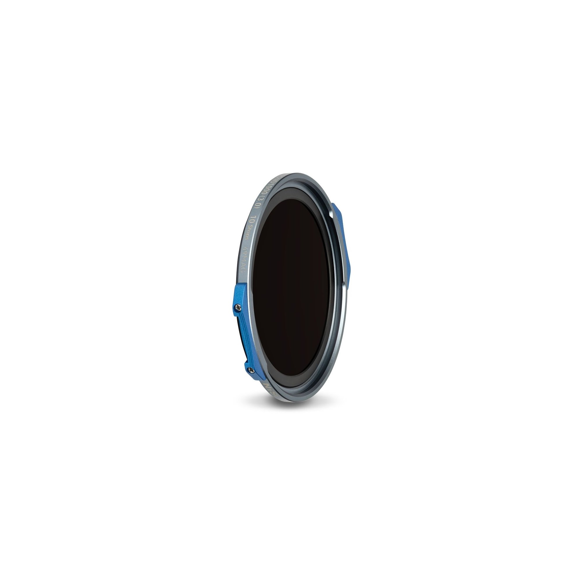 NiSi JetMag Pro FS ND1000 (3.0) 10-Stops Filter (49MAG) in aufrechter Schrägansicht mit blauem Griff.