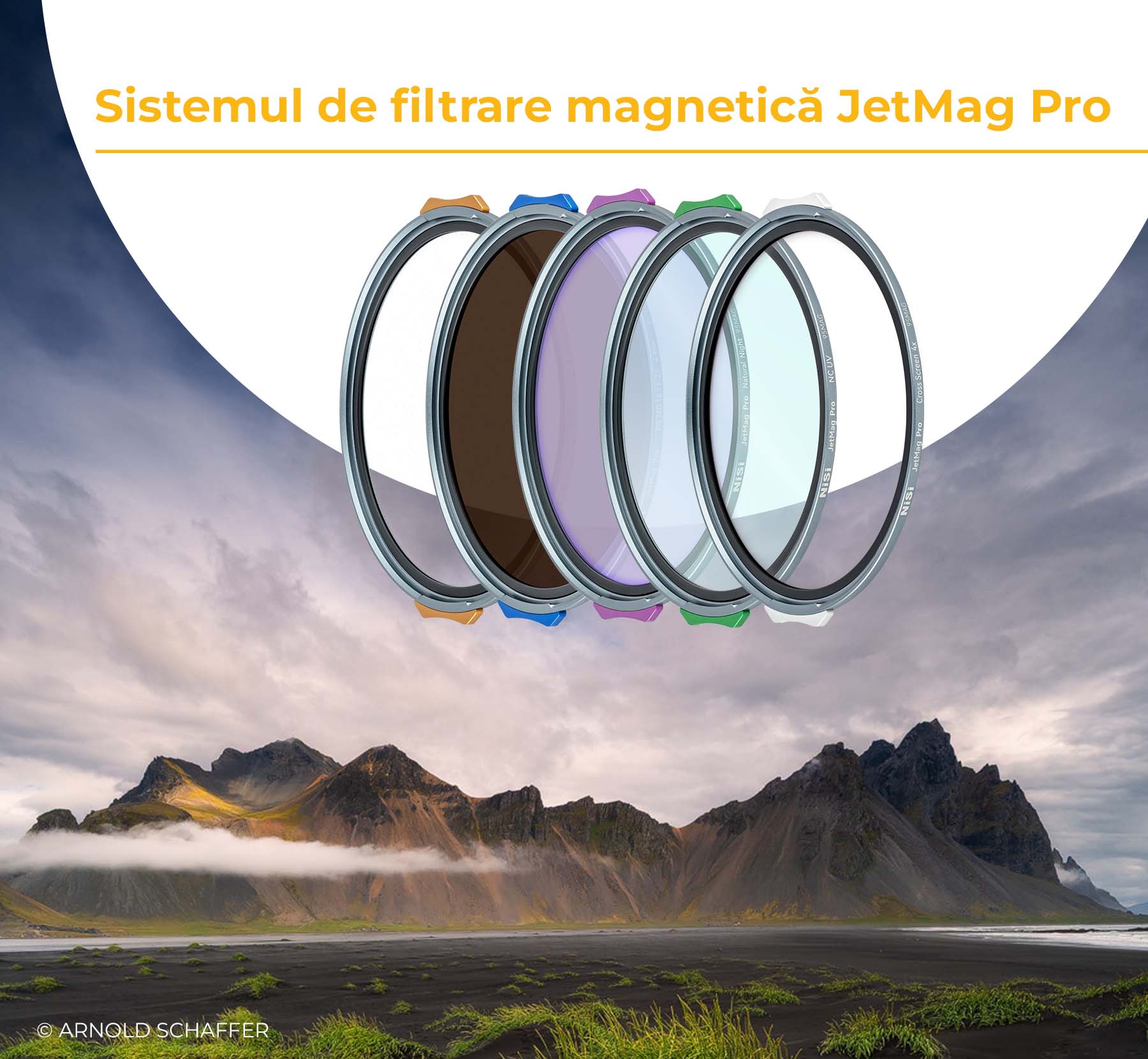 Sistemul de filtrare magnetică NiSi JetMag Pro: cinci filtre rotunde magnetice în fața muntelui Vestrahorn din Islanda