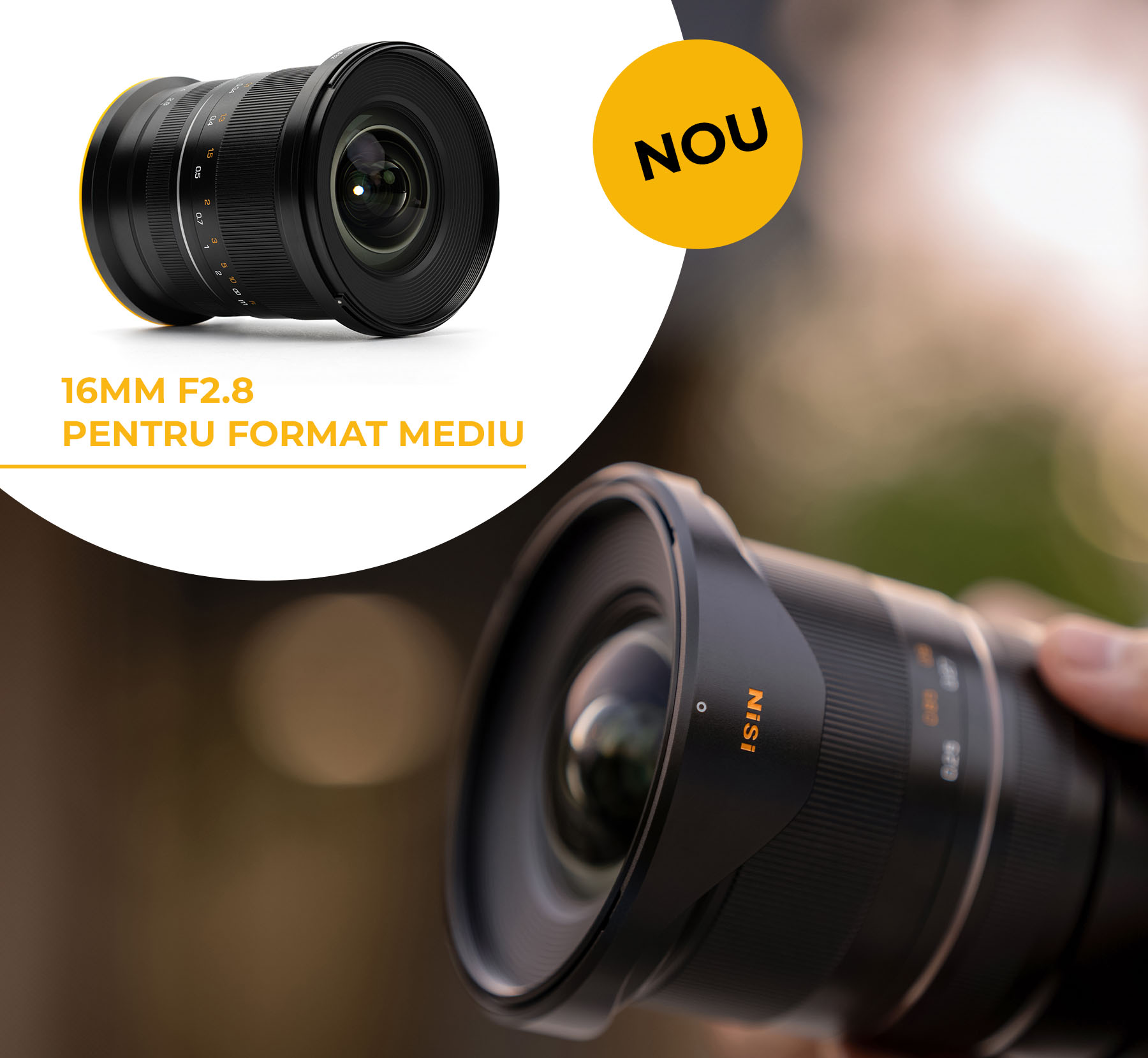Nou: obiectiv cu unghi larg NiSi 16mm F2.8 pentru format mediu, fotografie de produs și obiectivul pe un aparat foto ținut în mână