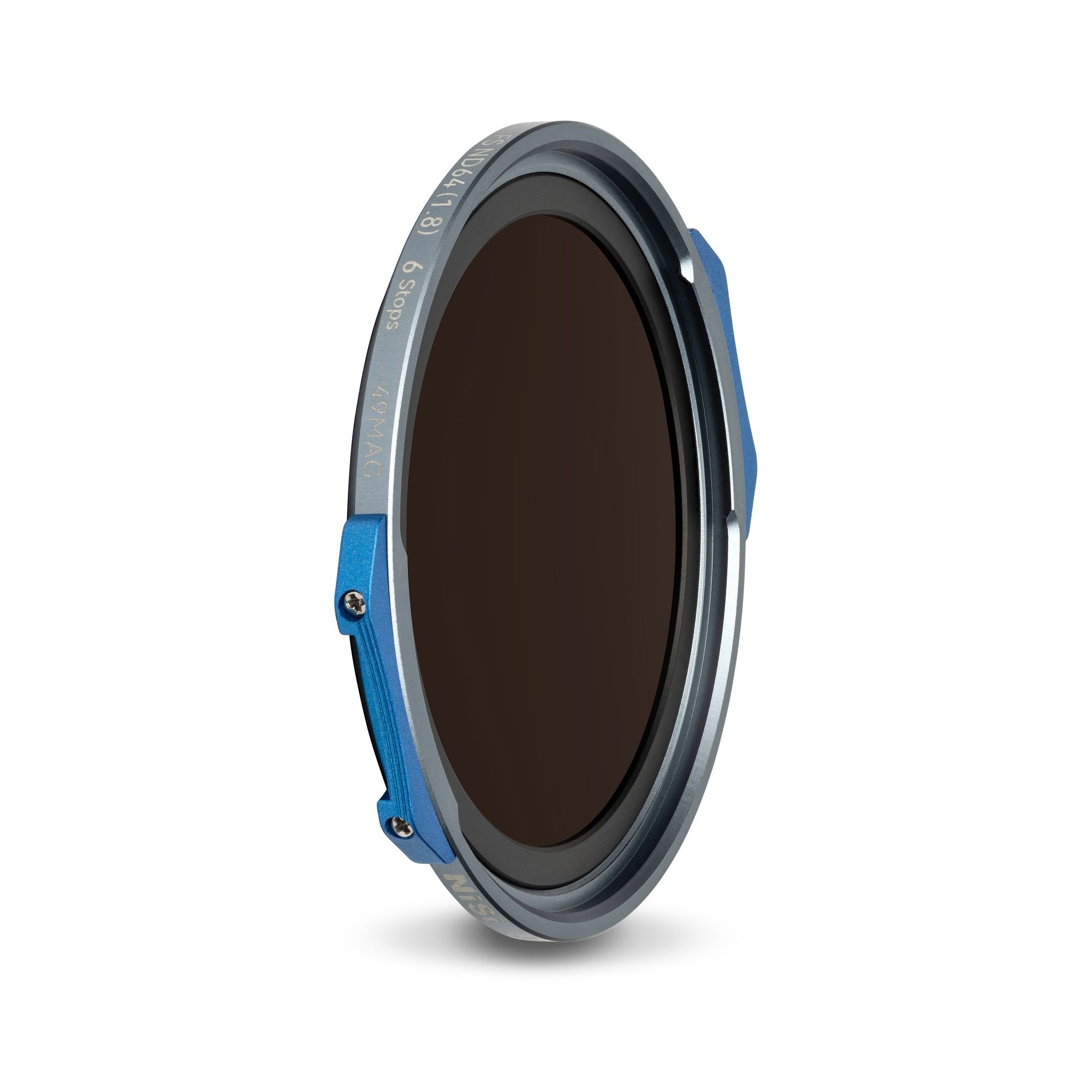 NiSi JetMag Pro FS ND64 (1.8) 6-Stops Filter (49MAG) in schräger Ansicht mit magnetischem Filterrahmen.