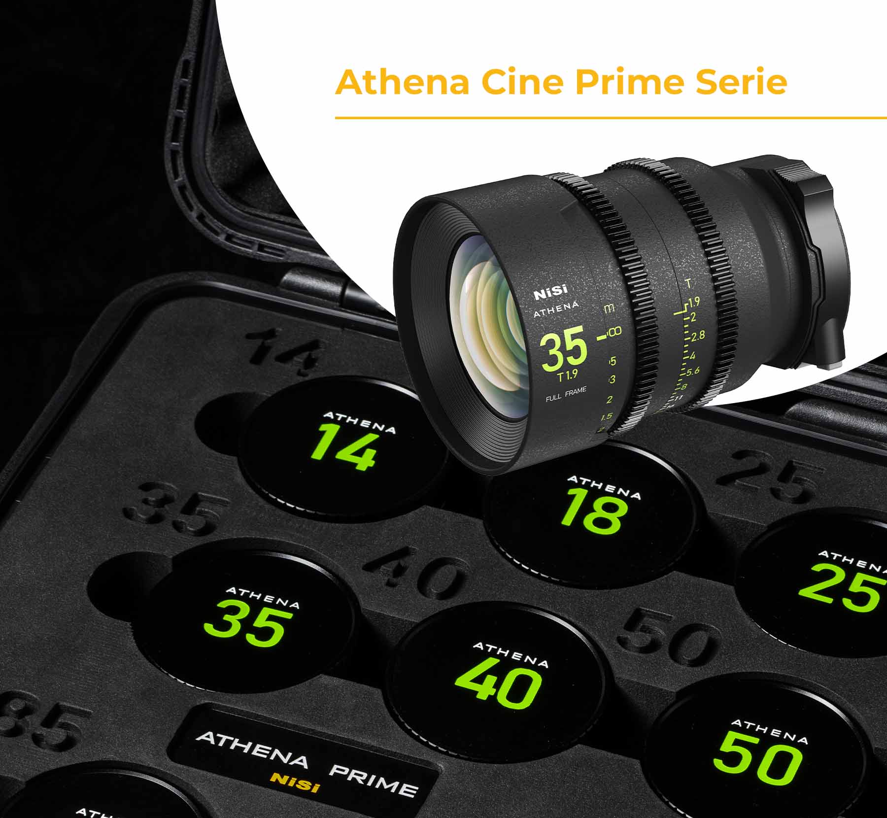 NiSi Athena Cine Prime Serie: Cine-Objektiv 35mm T1.9 über dem Koffer mit Festbrennweiten von 14 bis 50mm