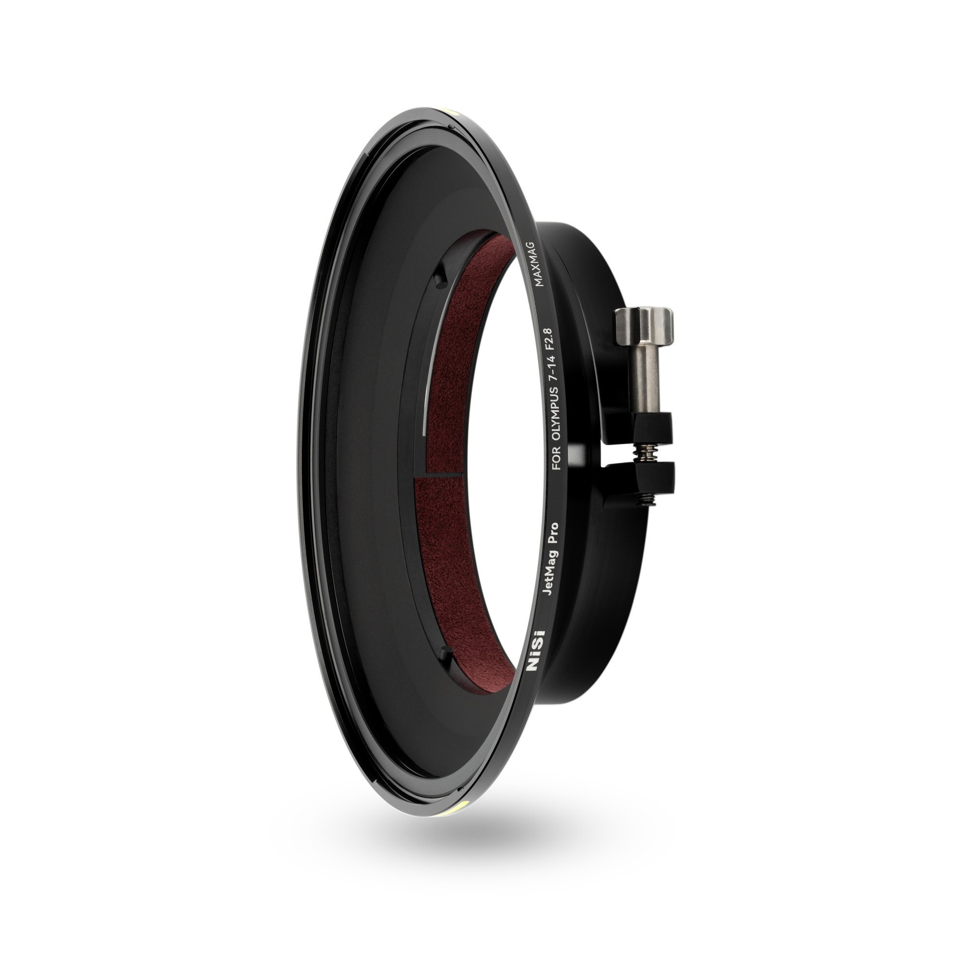 Schräge Ansicht des NiSi JetMag Pro Adapters für Olympus 7-14mm F2.8 (MAXMAG) mit Klemmmechanismus.