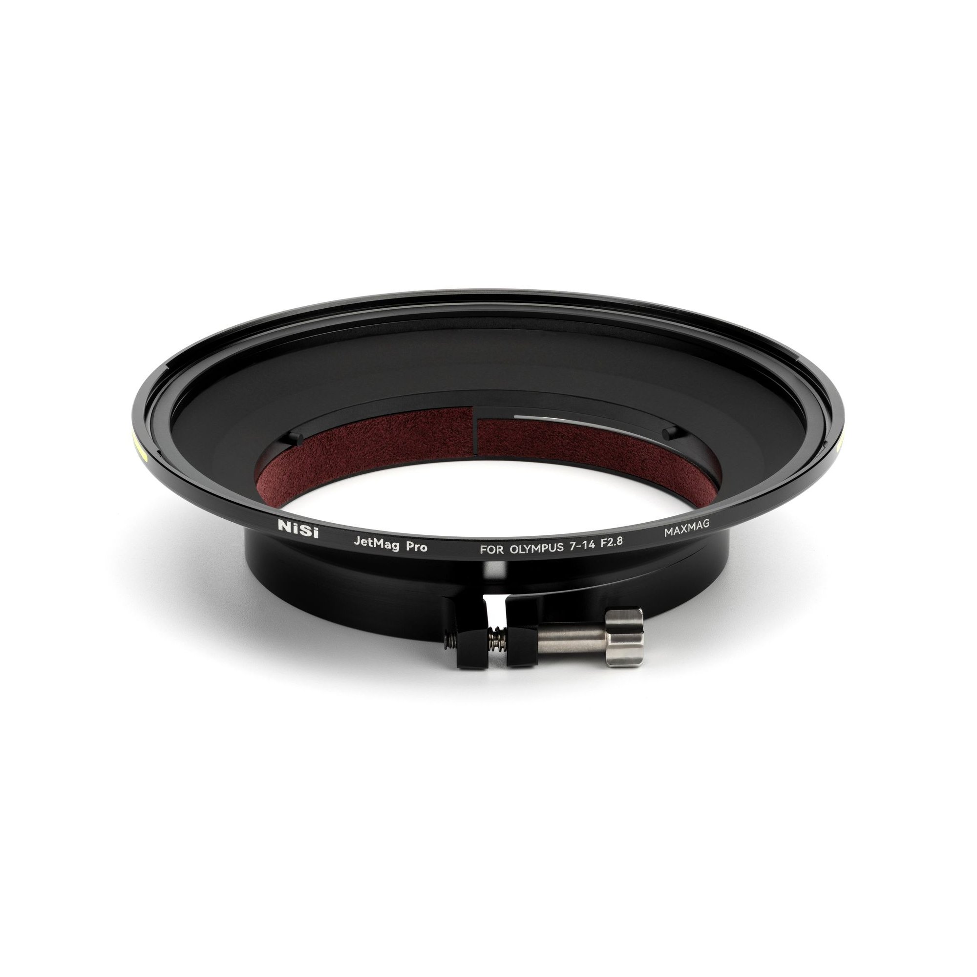 Vorderansicht des NiSi JetMag Pro Adapters für Olympus 7-14mm F2.8 (MAXMAG) mit Klemmverschluss.